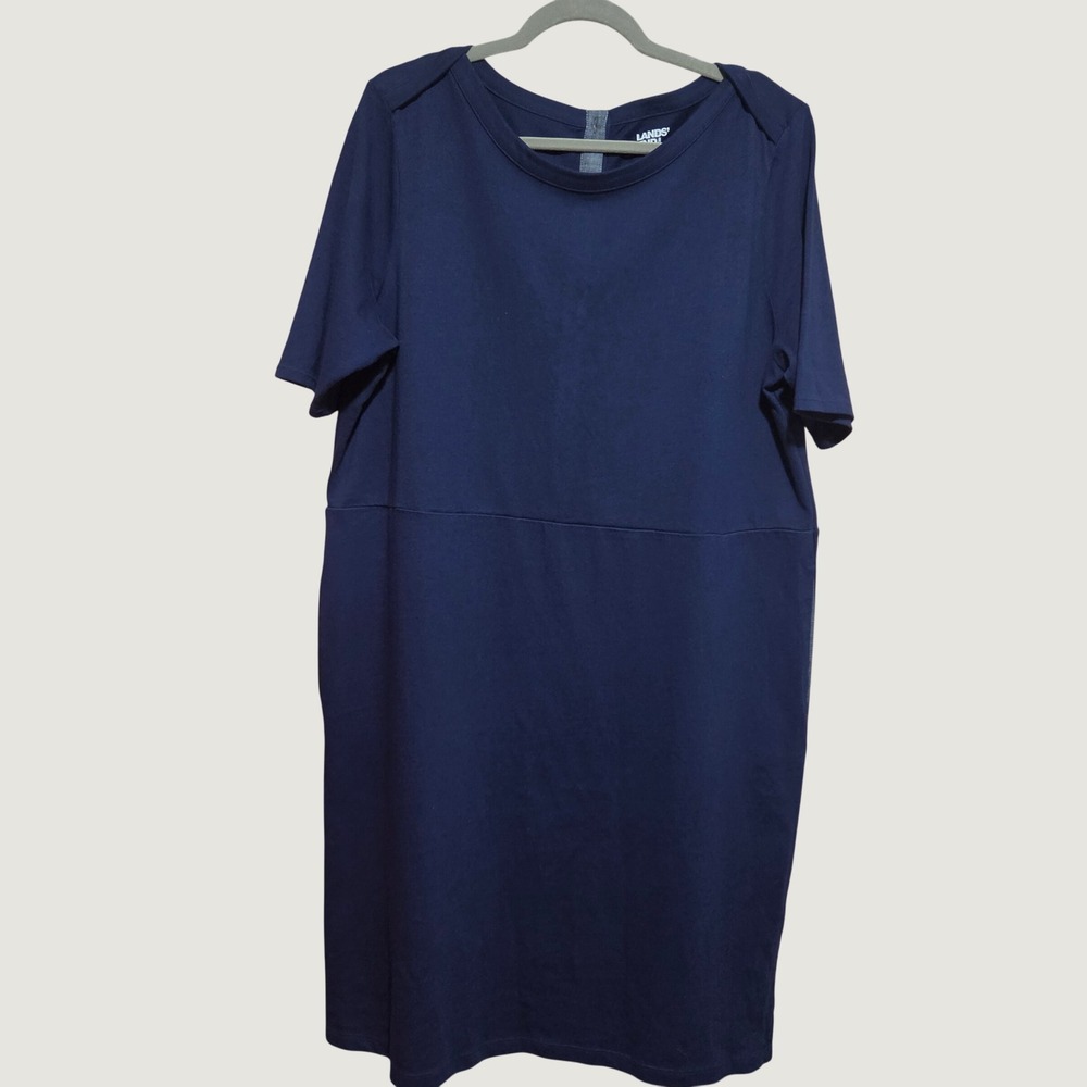 Lands End Womens Navy Blue Short Sleeve Button Back Knit Dress Large 14-16